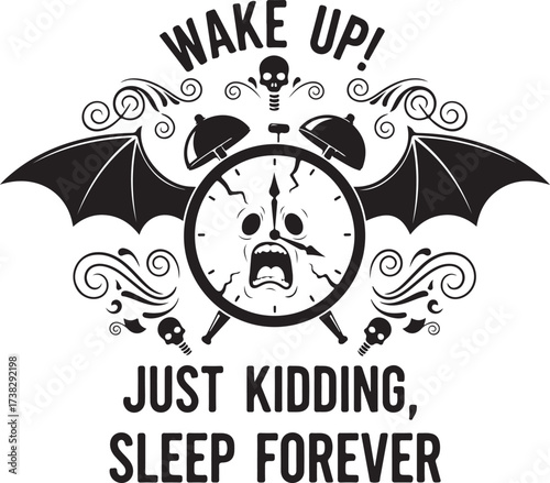 Spooky alarm clock with bat wings and skull a playful silhouette on transparent background