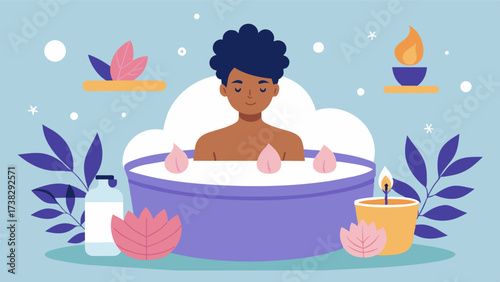 A person soaking in a warm bath with calming essential oils highlighting the need for relaxation and selfcare for both mind and body.. Vector illustration