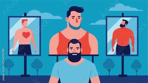 A series of billboards challenging the traditional male beauty standards by showcasing men with disabilities or scars and promoting the message that true beauty comes from within.. Vector illustration