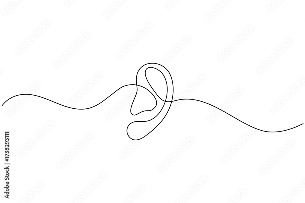 Obraz premium Minimalist continuous one line drawing of a human ear with sound waves, symbol of hearing, listening, and communication