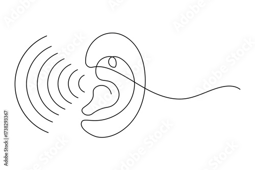 Minimalist continuous one line drawing of a human ear with sound waves, symbol of hearing, listening, and communication