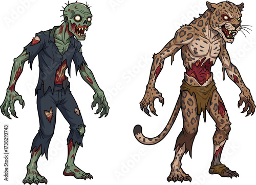 Cartoon zombie monster, scary Halloween illustration, creepy undead character, horror walking dead art, spooky leopard humanoid beast, terrifying comic vector artwork design