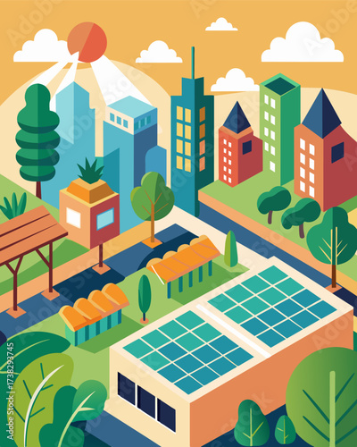 A rooftop garden in the heart of the city adorned with solar panels that provide clean energy to neighboring buildings.. Vector illustration