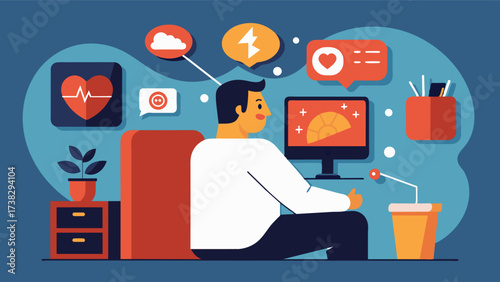 A man flipping through television channels purposefully avoiding shows that focus on diet culture and instead choosing ones that promote selfcare and selflove.. Vector illustration