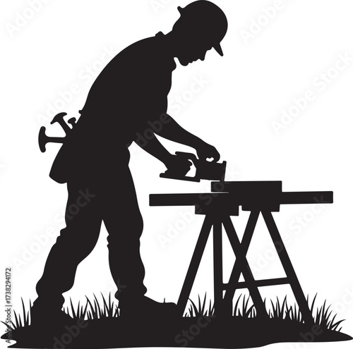 Black silhouette of a carpenter planing wood on sawhorses