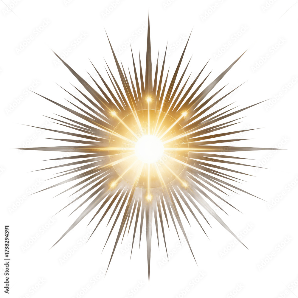 Fototapeta premium Brilliant golden starburst with radiating light and glowing particles isolated on transparent background