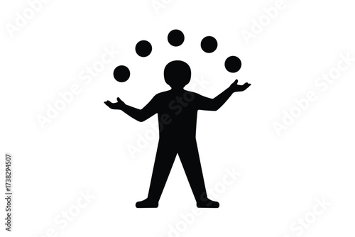 Silhouette of a juggler performing with multiple balls in the air