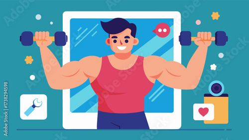 A social media influencers Instagram feed is filled with photos of him posing in front of a gym mirror showcasing his unrealistically defined muscles.. Vector illustration