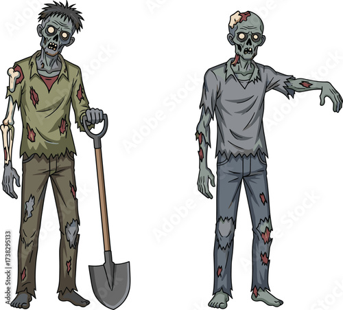 Cartoon zombies illustration, scary undead creatures, creepy monster drawing, spooky skeleton characters, frightening zombie artwork, evil ghouls design, horror cartoon, Halloween artwork