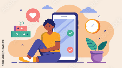 Limiting screen time and taking breaks from social media to focus on selfcare and reallife connections.. Vector illustration