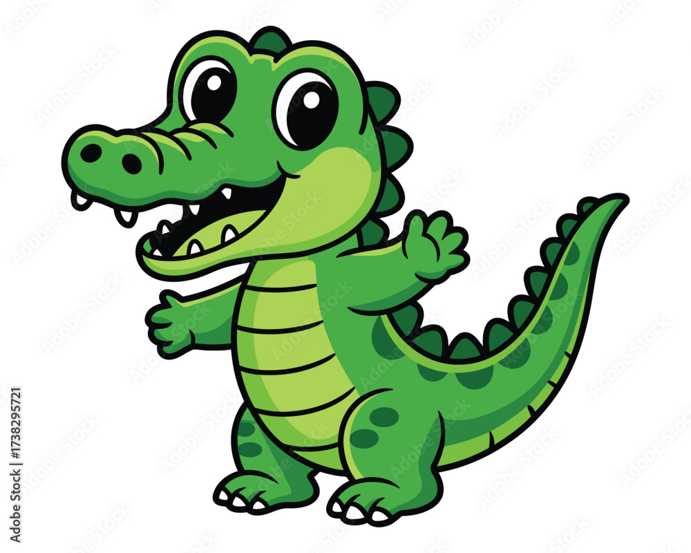 Naklejka premium Smiling green cartoon alligator vector with big eyes and happy grin, perfect for kids fun adventure illustrations