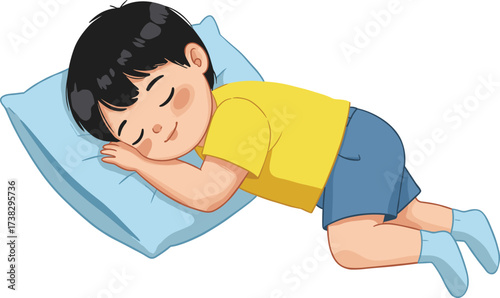 Cute little boy sleeping on pillow, child bedtime illustration, peaceful nap vector art, cartoon sleep design, baby rest clipart, night routine graphics