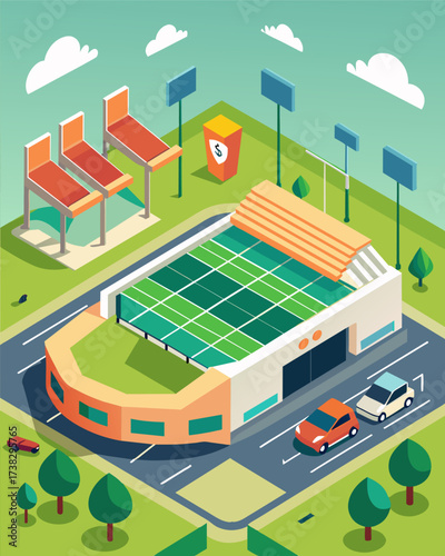 A soccer stadium with a large parking lot equipped with solarpowered charging stations encouraging fans to take environmentallyfriendly transportation to the game.. Vector illustration