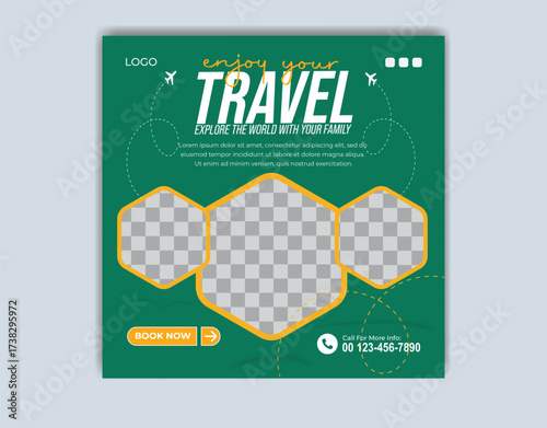 Travel business promotion web banner template design for social media. Travelling, tourism or summer holiday tour online marketing flyer, post or poster with abstract graphic