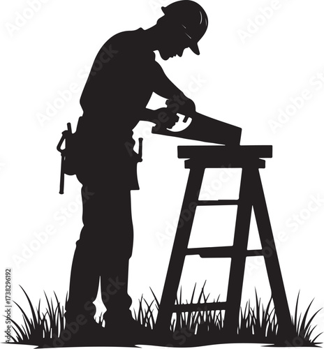 Black silhouette of a carpenter sawing wood on sawhorses