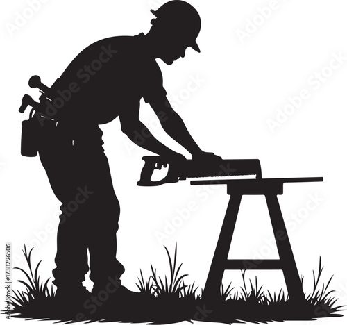 Black silhouette of a carpenter sawing wood on sawhorses