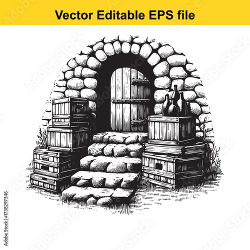 Vector art of rustic stone archway entrance with wooden door and stacked crates