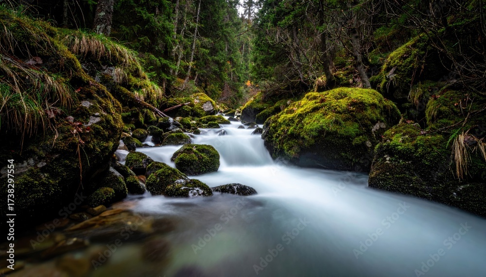 Obraz premium Lush Forest Stream with Mossy Rocks and Flowing Water in Scenic Sunlight