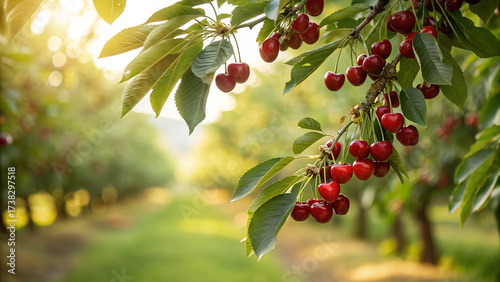 Bild auf Leinwand Closeup of a branch with ripe red cherries in a cherry orchard at sunset