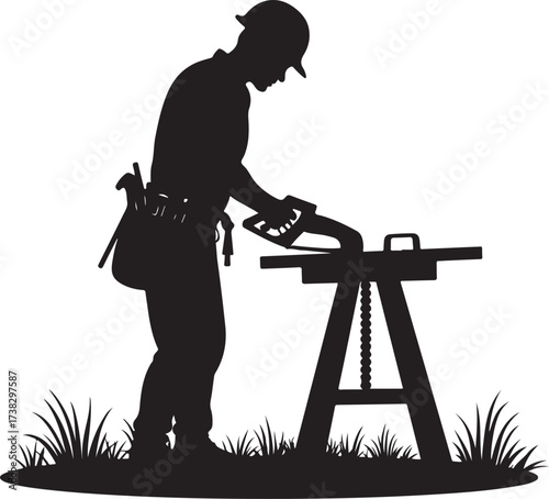 Black silhouette of a carpenter using a saw on a workbench