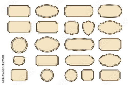 Vector set of vintage blank frames and retro labels. Classic old badge elements and stickers collection. Antique decorative tags, borders on a transparent background.