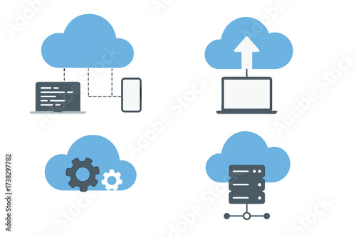 Cloud computing technology icon set. Vector illustration for data storage, server hosting, upload, and synchronization. Network connection between laptop, mobile phone, and database.