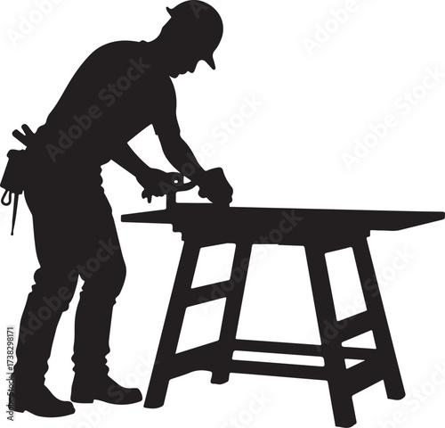 Black silhouette of a carpenter working on a table saw