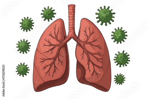 Coronavirus disease COVID-19 infection. Virus attacks human lungs. Respiratory system medical concept. Pandemic, pneumonia, virology, healthcare vector background illustration.