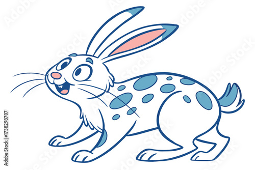Playful Cartoon Rabbit with Blue Spots on White Background