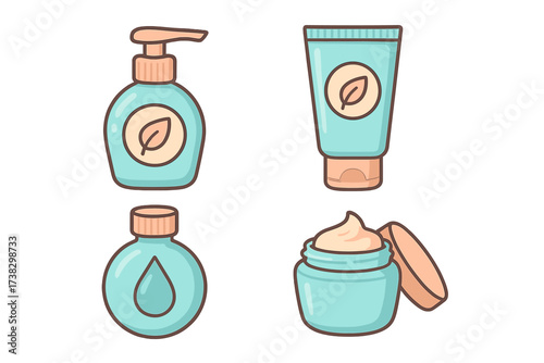 Cosmetic bottle and tube icon set. Skincare beauty product package collection. Natural organic cosmetics concept. Vector illustration of lotion, cream, serum, soap container.