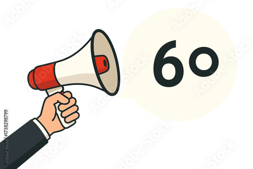 Male hand holding megaphone with 60 speech bubble. Loudspeaker banner for business, marketing, advertising. Promotion, sale or sixty days to go countdown concept vector.