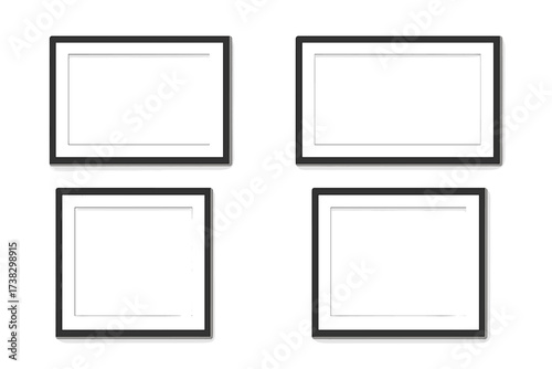 Black photo frame mockup set. Vector illustration of square and rectangle picture frames with passe-partout. Realistic gallery wall template isolated on white background.
