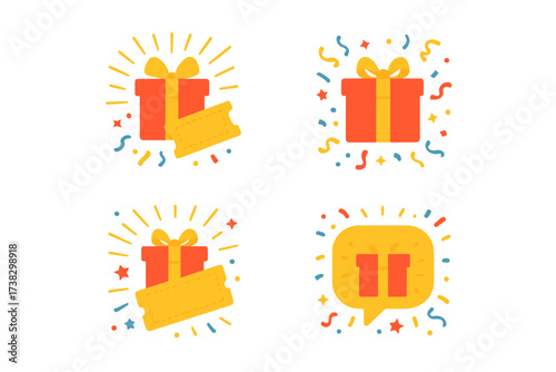 Win a prize giveaway concept. Gift box with coupon ticket. Bonus reward for customer loyalty program. Social media post template. Sale discount promo code vector icons.