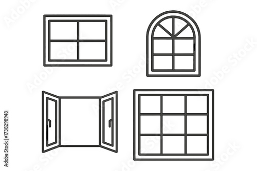 Window line icon set. Collection of different window frames. Vector symbols for house exterior and interior design. Open, closed, and arched windows. Architecture elements.