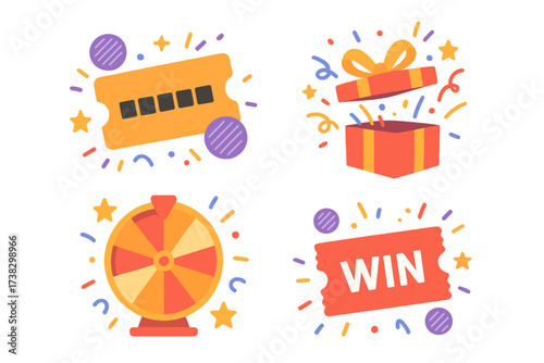 Giveaway promo code and gift prize vector icon set. Win a prize, wheel of fortune, and coupon ticket for social media post templates. Lottery and promotion design elements.