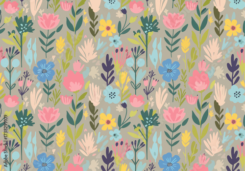 Bright spring seamless pattern with flowers. Bright spring seamless pattern with flowers and leaves. Summer ornamental wallpaper