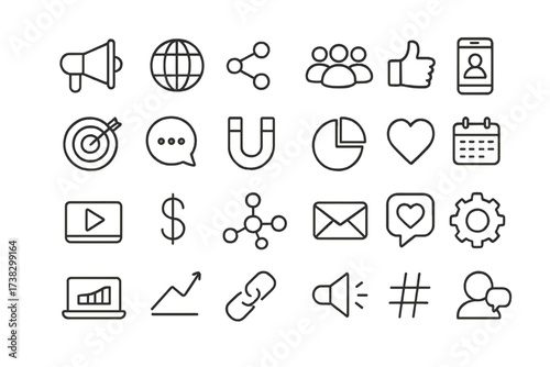 Social media marketing line icon set. Business promotion, digital strategy, SEO, content management, analytics, customer engagement, communication and feedback vector icons.