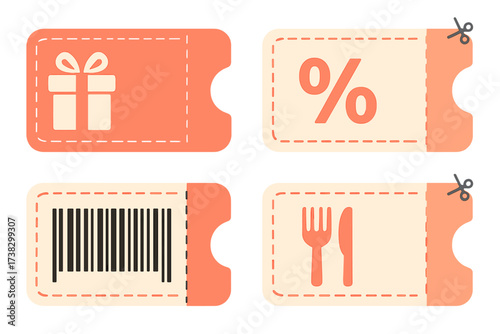 Set of coupon templates vector illustration. Gift voucher and discount ticket collection for shopping. Promo code for food and drink. Business marketing and sale element design.