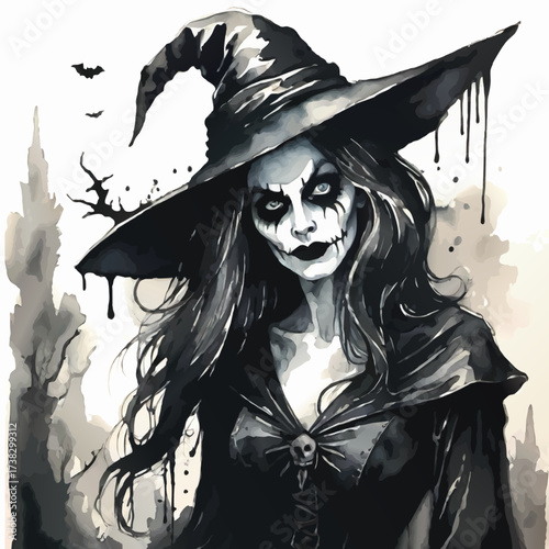 scary halloween witch watercolor vector illustration