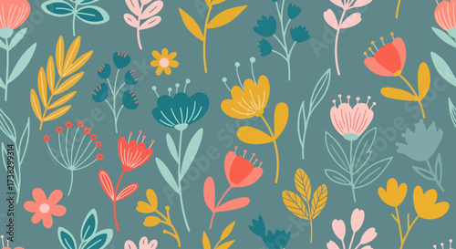 Vector seamless pattern with flowers on blue background
