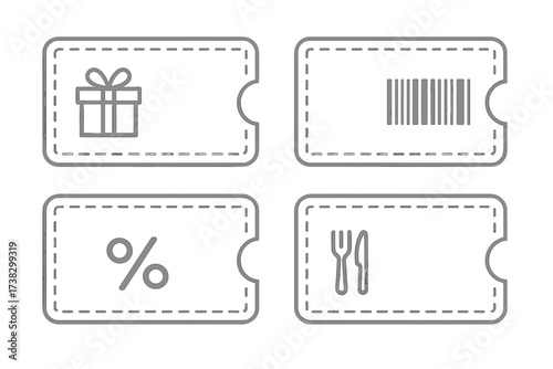 Set of coupon templates for business. Vector graphic design elements for marketing. Gift coupon, voucher promo code for food and drink, shopping discount with percentage sign and barcode.