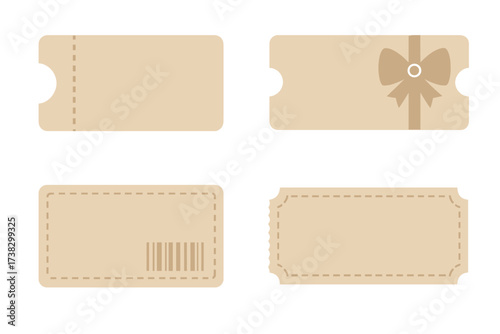Set of vector coupon templates. Gift voucher graphic design elements. Promo code ticket for shopping, business, marketing. Empty certificate with bow and barcode. Universal offer.