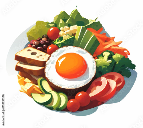 fried egg, cheese and vegetables on a plate vector illustration