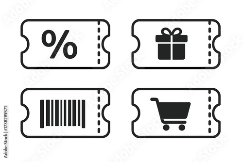 Set of coupon and voucher vector icons. Gift card template collection for shopping, sales, and discounts. Promo code, barcode, and percentage sign for marketing and business.