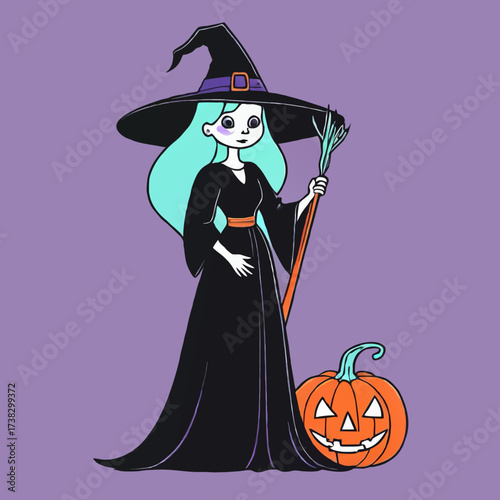 cartoon halloween witch with big pumpkin vector illustration