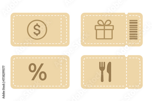 Set of coupon templates. Vector gift card and voucher design for sales promotion and marketing. Tear-off ticket with percent, dollar, food, and gift box icons. Business graphic.