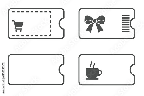 Coupon and voucher vector template set for business and marketing. Gift card icon collection with shopping cart, coffee, and bow for commercial retail promotions and sales.