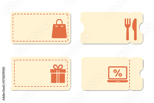Set of coupon templates. Vector voucher collection for shopping, food, gifts and online discounts. Promo code and gift card design elements for marketing and business promotion.