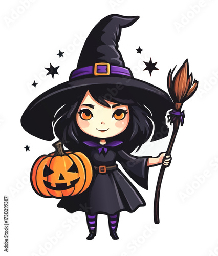 cute little halloween with with broom and pumpkin cartoon vector illustration