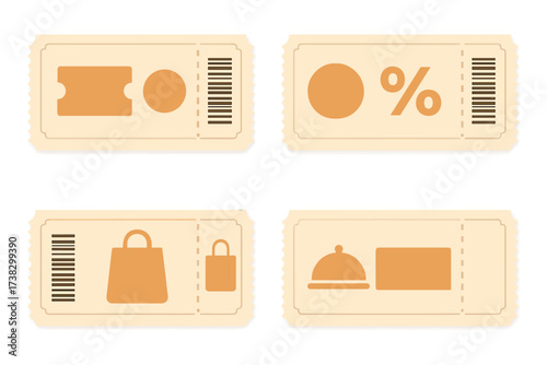 Set of template coupon. Gift coupon element template. Voucher promo code. Shopping, marketing, food, drink, business. Discount ticket vector illustration. Percent sale offer.
